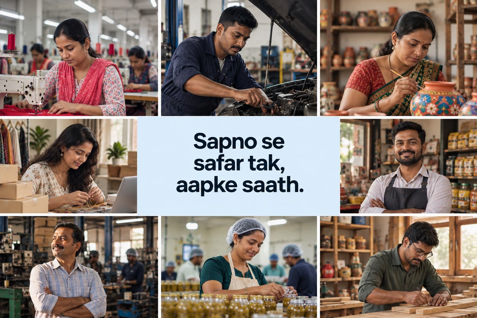 Real Indian MSME owners at work: tailoring, auto repair, pottery, jewellery-making, retail, food processing and carpentry
